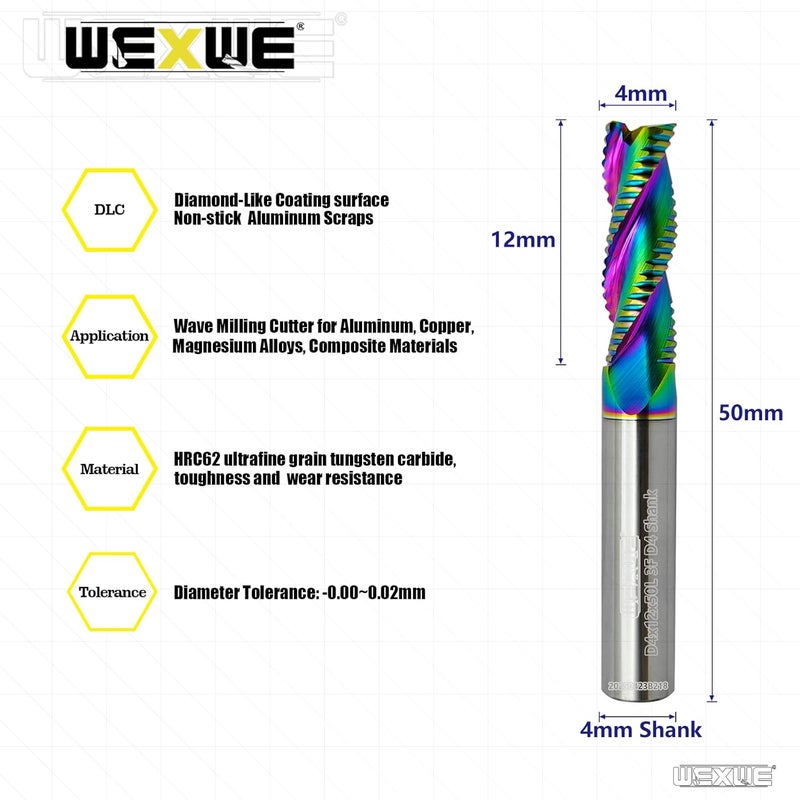 WEXWE Tools Carbide Roughing End Mill Square Carbide End Mills for Aluminum Cutting, 3 Flute 4mm Shank (D4-50L 3F 2PCS) - Image 2